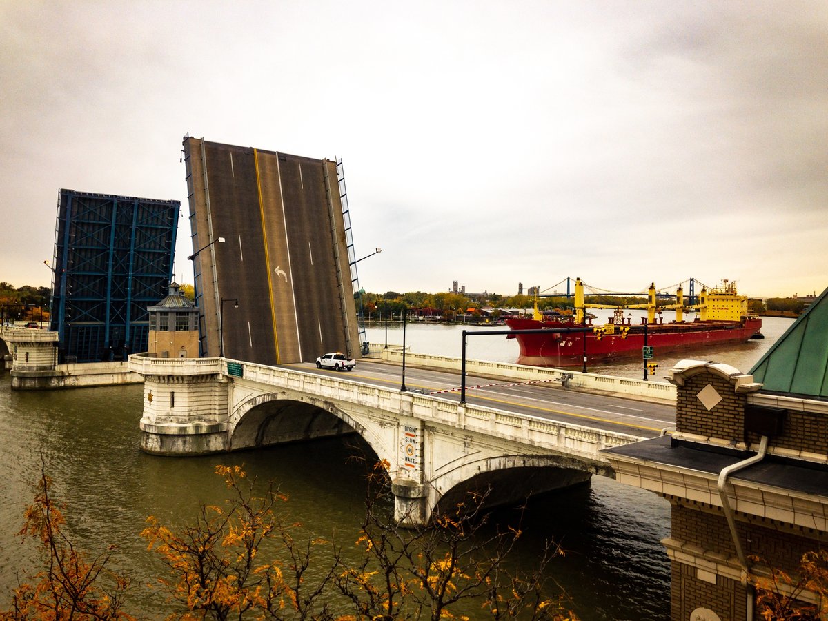 The Federal Weser approaches the Cherry Street Bridge on the Maumee River in downtown Toledo, Ohio